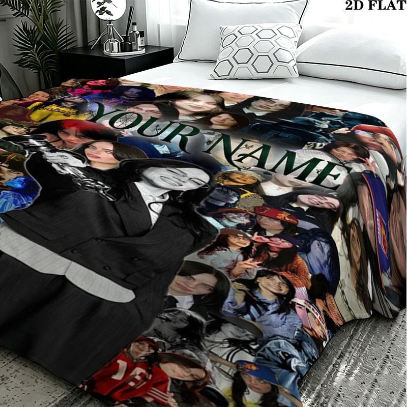 1PC Billie Eilish Custom Name Patterned Flannel Blanket Suitable For All Seasons for Home Decor Warmth and Comfort Gifts Holiday Present