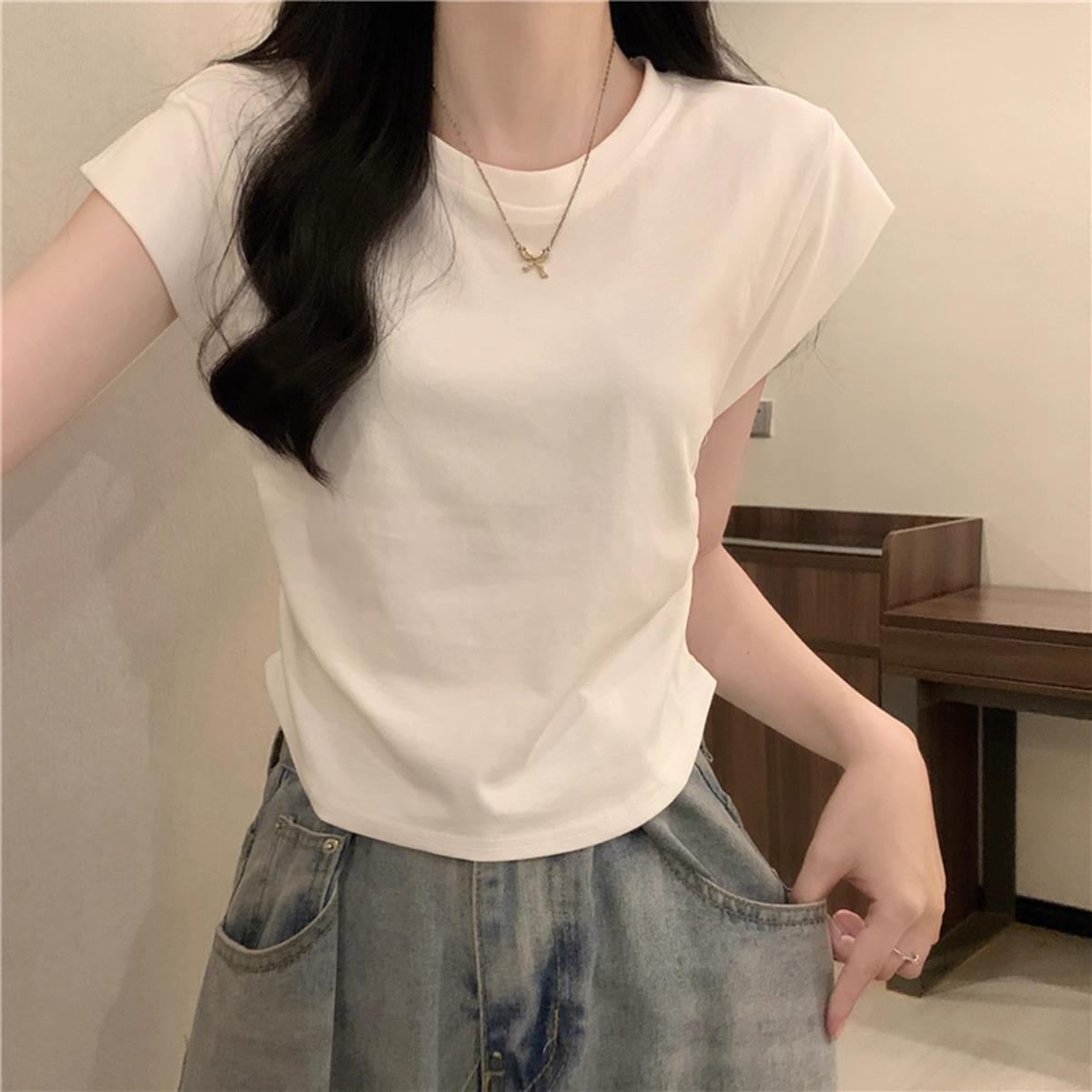 

Front shoulder slim and thin short-sleeved t-shirt for women s summer design sense, small flying sleeves, pleated waist short top tide M белый