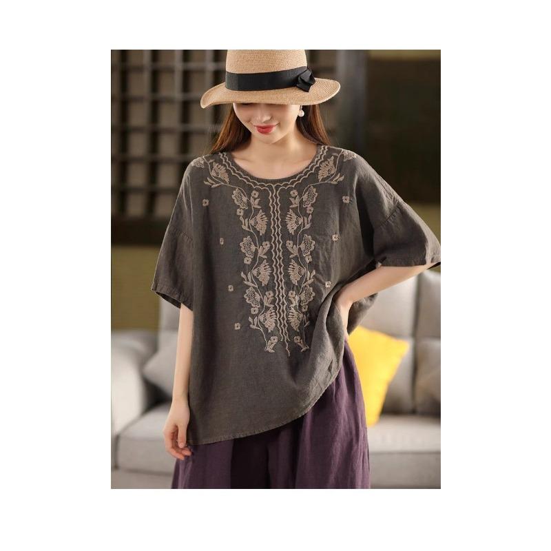 Heavy Embroidery Cotton and Linen Literary Loose Retro Temperament Round Neck Short-sleeved T-shirt Embroidered Versatile Summer New Top