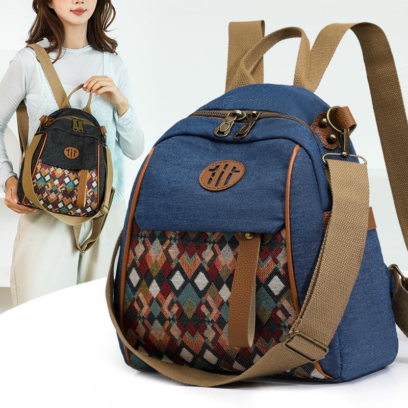 Vintage Color Block Backpack Ethnic Embroidery Shoulder Bag Large Capacity Backpack