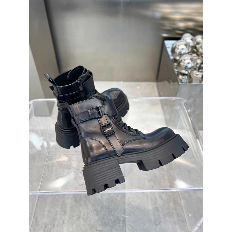 Fekete punk boka vastag talpú motoros bokacsizma női fűzős tavaszi vastag sarok övcsat zsebes designer vastag cipő