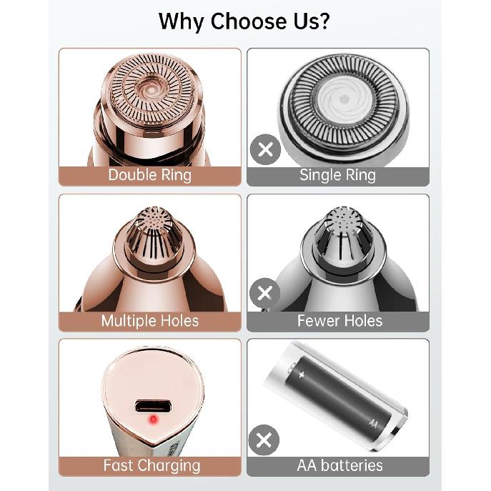 Facial Hair Removal for Women, 2-in-1 Electric Eyebrow Trimmer with LED Light, Rechargeable Hair Removal Device Face Shaver Facial Hair Remover for