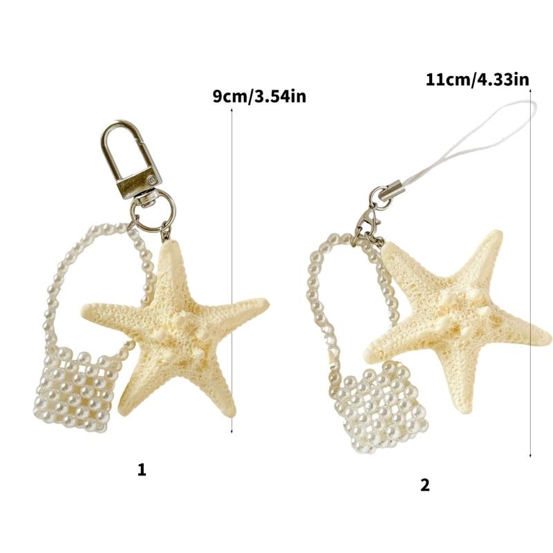 Elegant Starfish Keychain Pearls Accent Portable Purse Accessory
