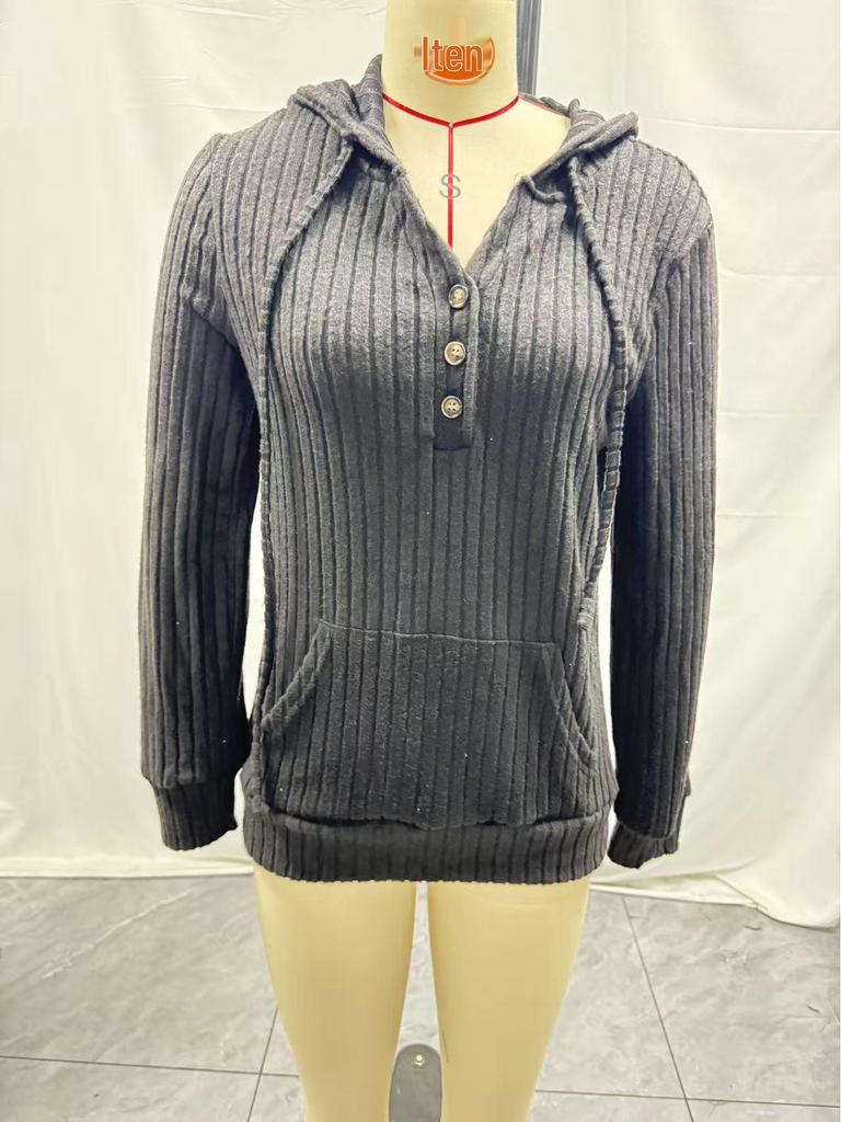 2025 Autumn/Winter Women's Solid Color Ribbed Knit Hoodie Sweater
