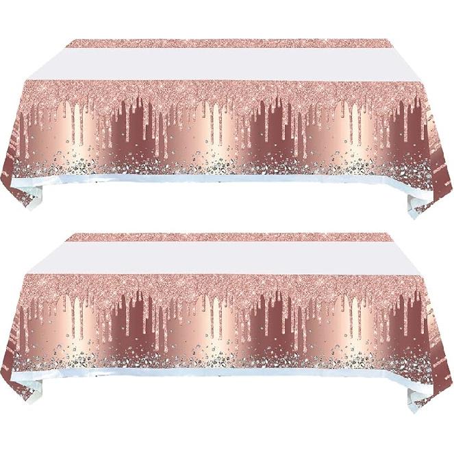2Pcs Pink Rose Gold Birthday Tablecloth and Table Cover for Girls and Women (71in x 42in)