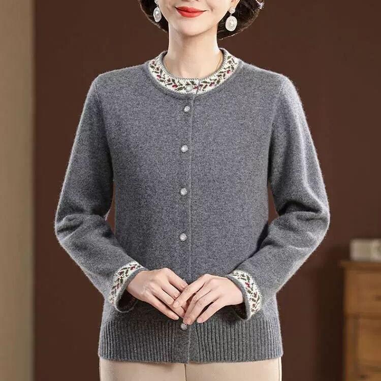 Autumn Winter Women's Round Neck Embroidered Cardigan Sweater Thickened Loose Knit Cardigan