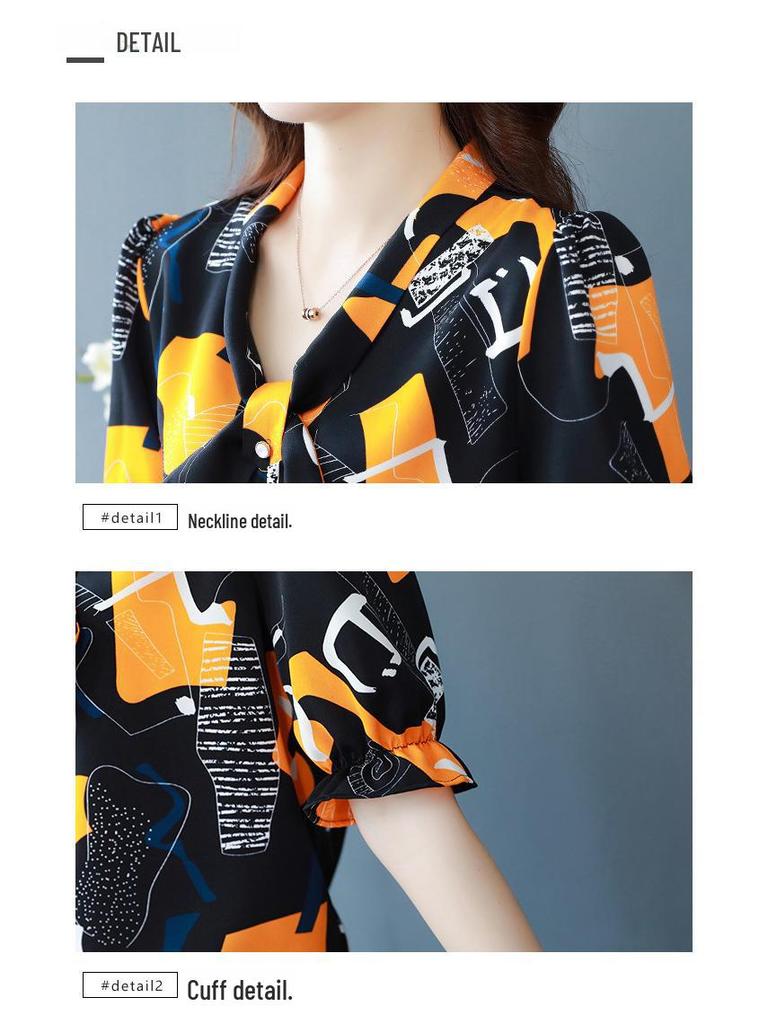 2023 Summer Fashion V-Neck Print Loose Ruffled Short-Sleeve Chiffon Top for Women