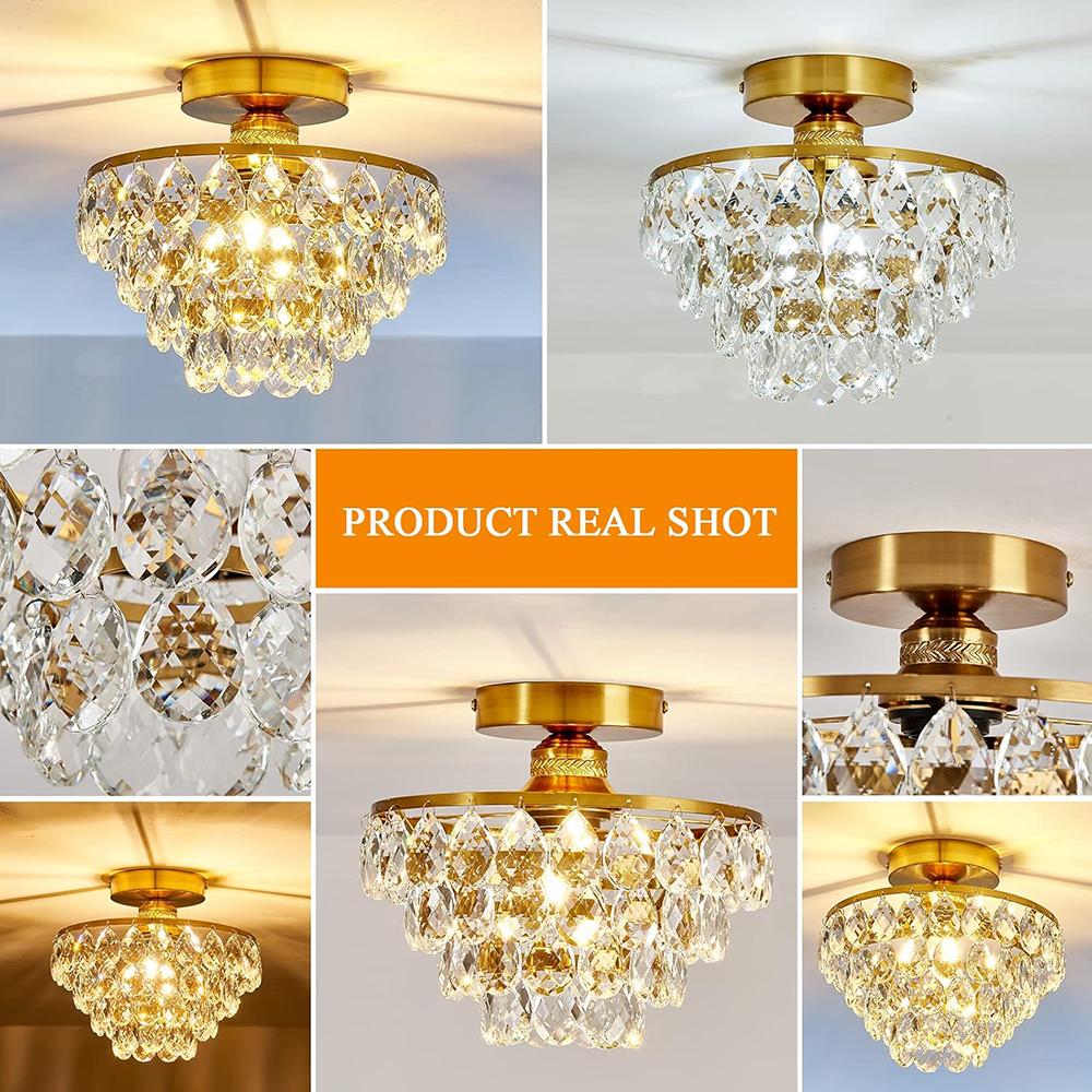 Modern Small Crystal Ceiling Light Fixture Mini Gold Semi Flush Mount Chandelier Light Fixture for Hallway Bedroom Bathroom Closet e27