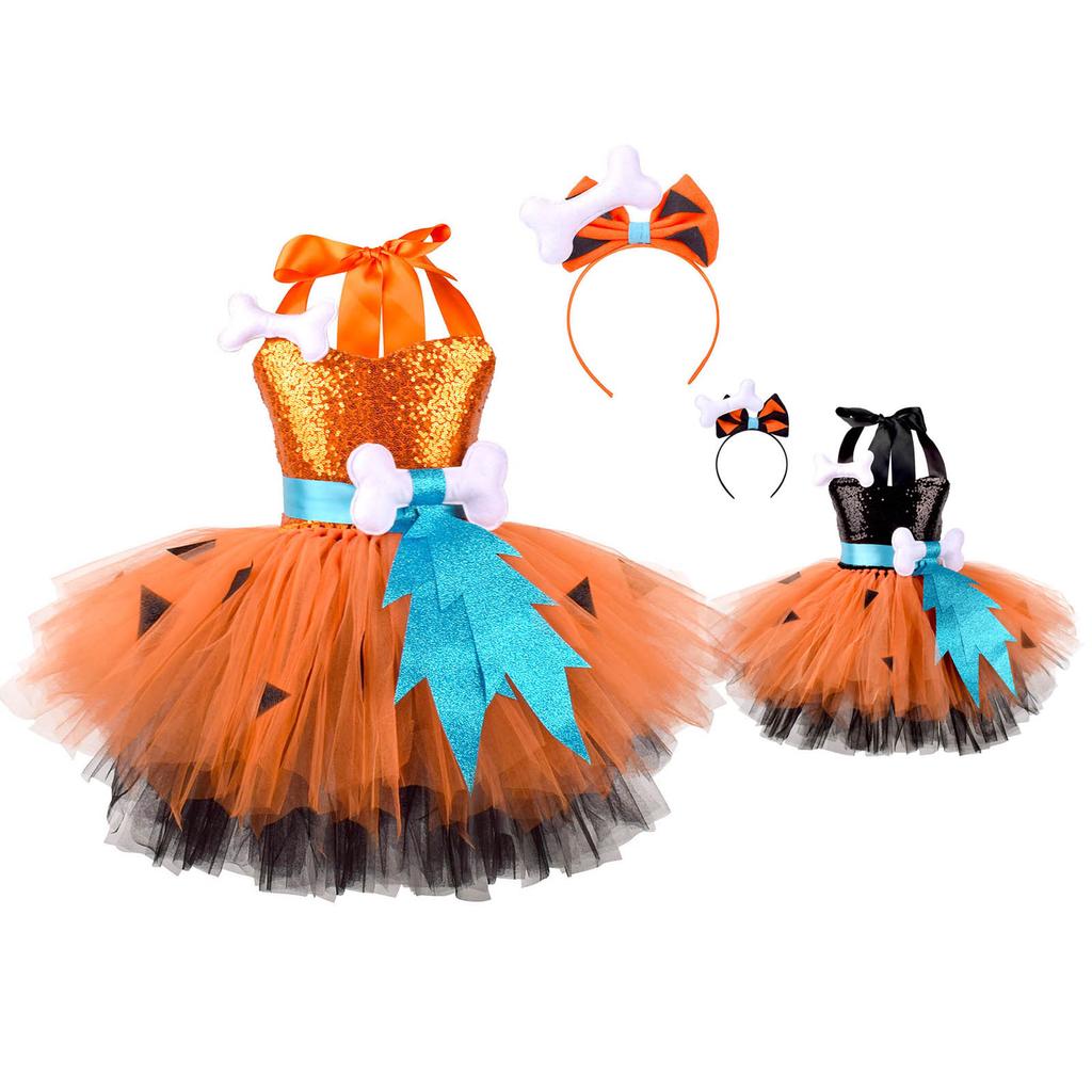 Costume da Cavernicola per Bambina Vestito con Paillettes Scollo all'americana Decorazione Osso 3D Gonna Ampia Copricapo