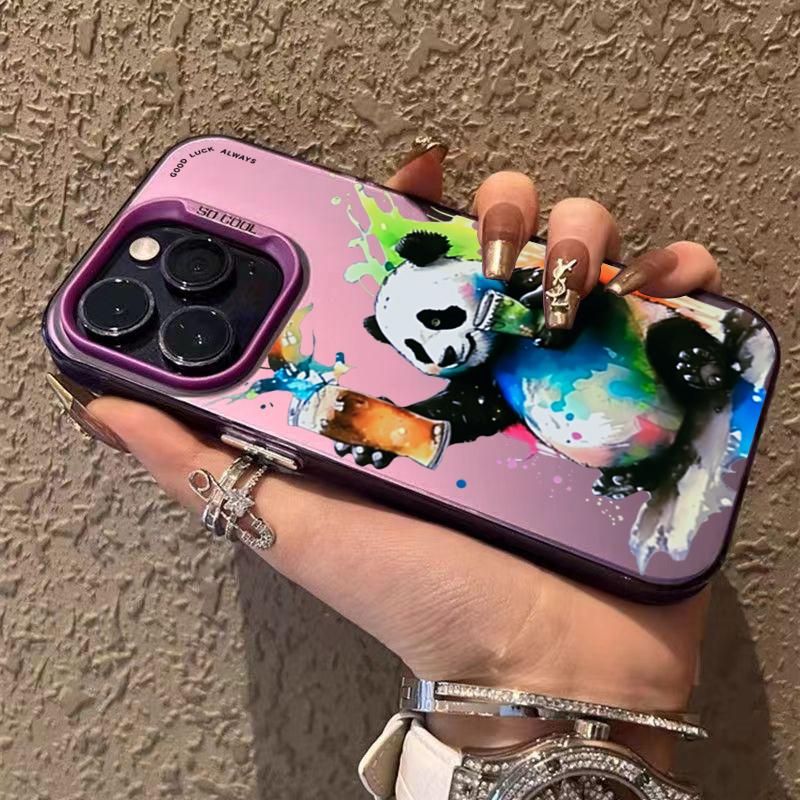 Cartoon Panda Cat Matte Hard Phone For 16 iPhone 11 12 13 14 15 Pro Max Plating Case Cover Funda