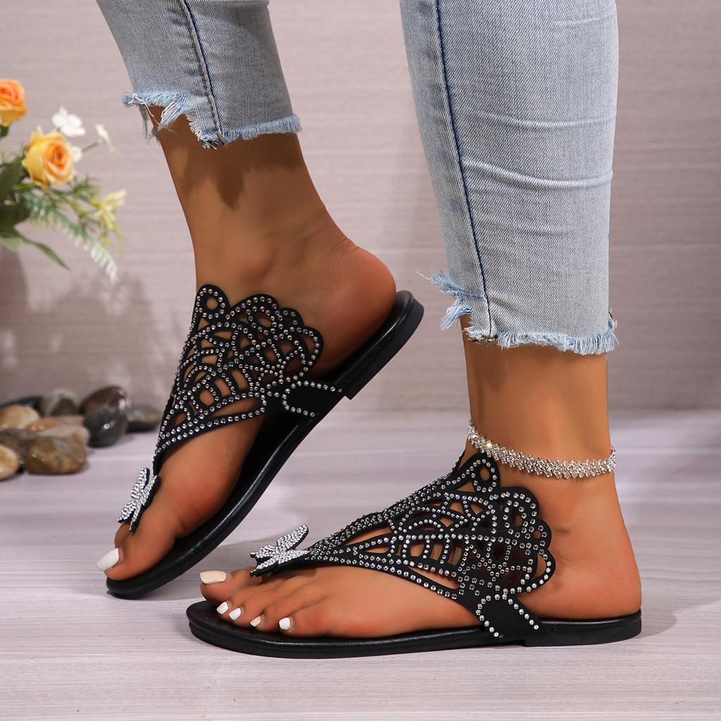 2025 New Toe Flat Bottom Fashion Slippers Women's Rhinestone Butterfly Beach Flip-flops Large Size Slippers