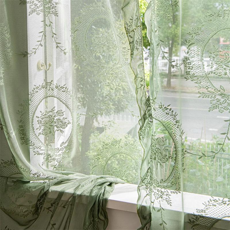 1 Stück Grüne Spitzenvorhänge Wohnzimmer- und Schlafzimmer-Trennvorhänge Fertige Gaze-Rollos Perforierter Lotusblatt-Spitzenstangen-Stil Schlafzimmergardinen