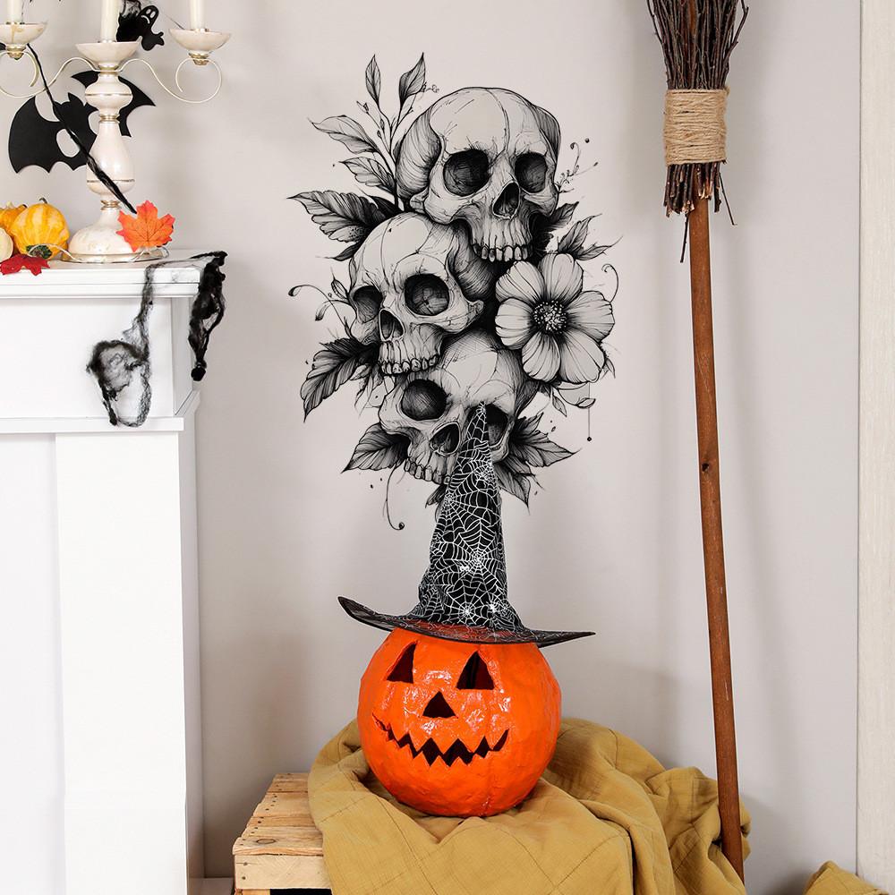 Black And Halloween White Skull And Flower Home Decoration Stickers Wall