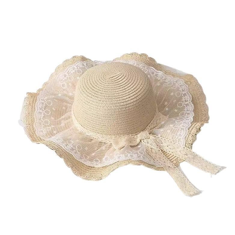 Summer Woven Straw Hat With Wide Brim And Lace Bow Decoration For Wear Daily