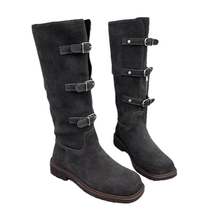 Flats Women High Boots Suede Buckle Fashion Shoes Knee High New Motorcycle Boots Winter Trend Designer Goth Botas De Mujer