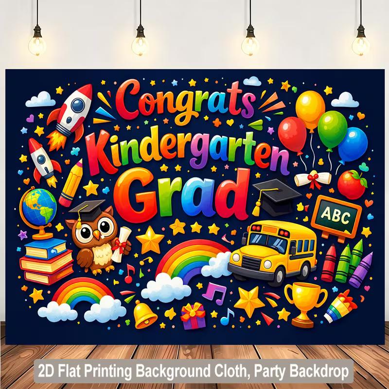2D Kids Graduation Party Backdrop with "Congrats Kindergarten Grad" Text Photo Background