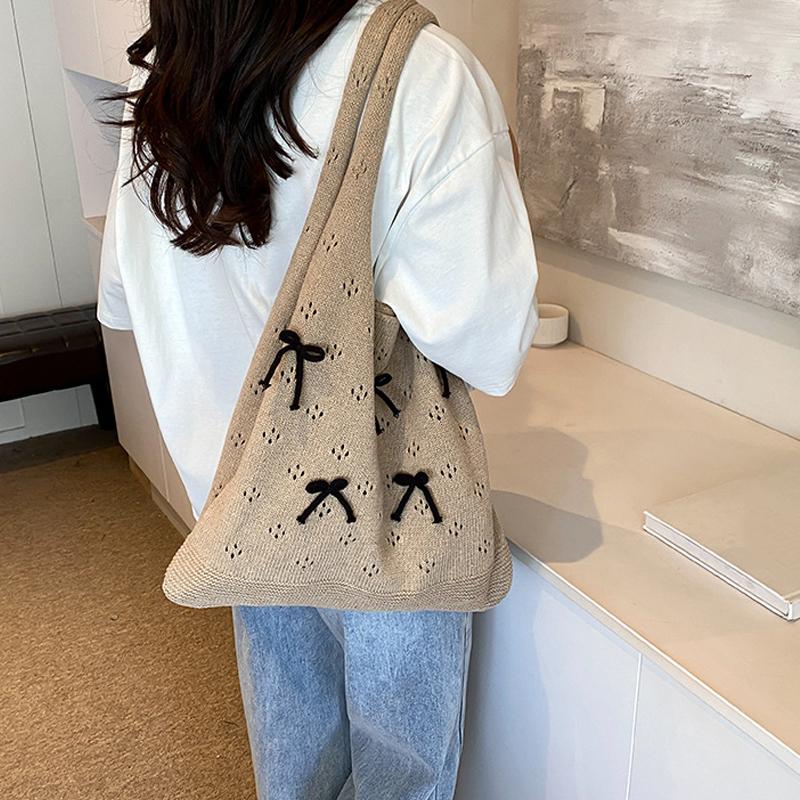 Solid Color Large Capacity Shoulder Bucket Bag Fashionable Knitted Work Commuter Bag Daily Shopper Tote For Women
