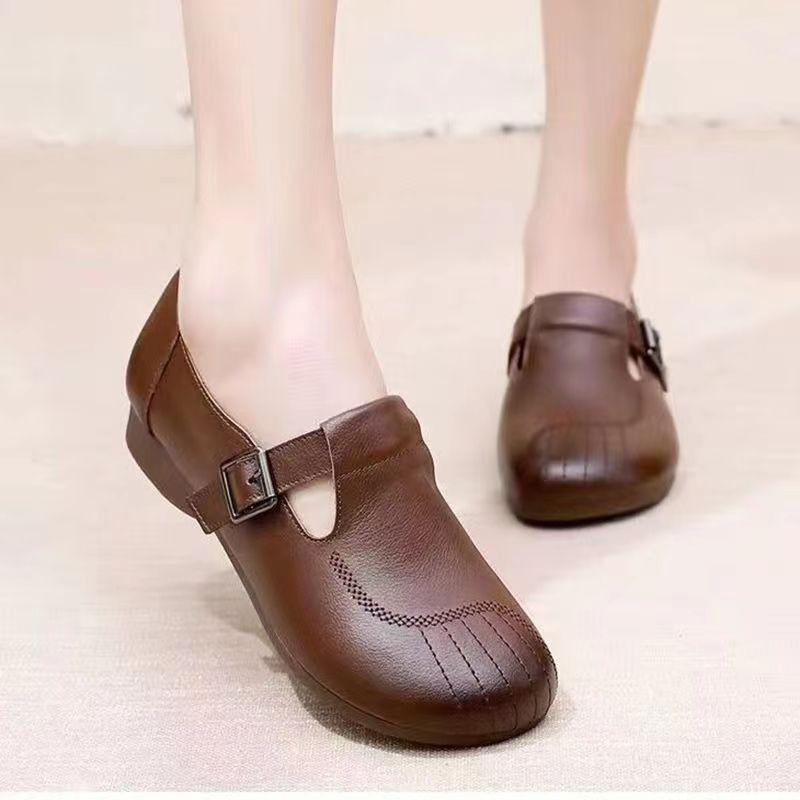 

Туфли на толстой подошве с круглым носком, маленькие кожаные туфли, лето 2025, на плоской подошве, в стиле ретро, универсальные, женские одинарные туфли для пожилых матерей, дышащие 41 коричневый