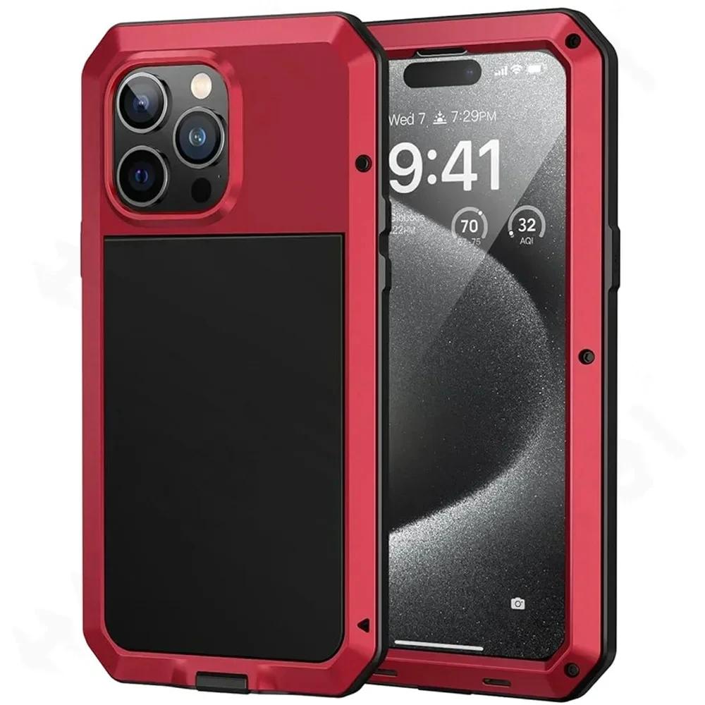 

For iPhone XS XR 8 7 11 12 13 14 15 16 16e Plus Air 17 Pro Max Aluminum Metal Tank Case Heavy Duty Shockproof Bumper Screen Film Case & Screen Protector&iPhone SE (2022) красный
