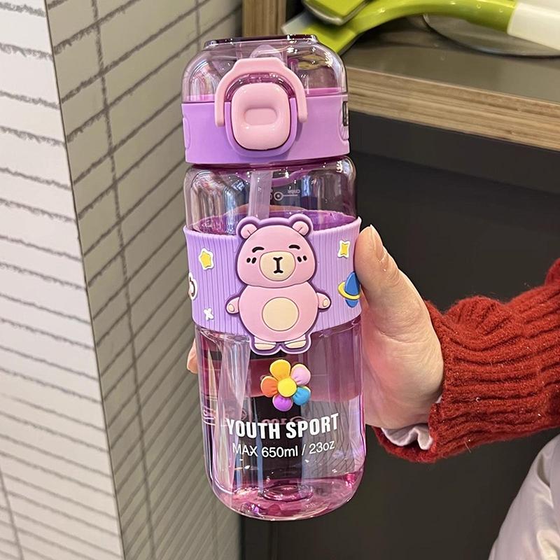 600 ml Kreskówkowy Dziecięcy Plastikowy Kubek ze Słomką Letni Studencki Kubek ze Słomką Przenośny na Zewnątrz Kreskówkowy Bidon Butelka na Wodę