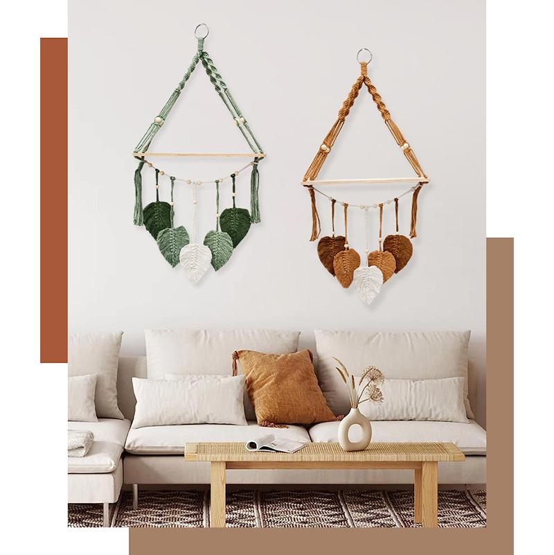Bohemian Macrame Wall Shelf, Hand‑woven Cotton Rope Leaf Wall Hanging Decor