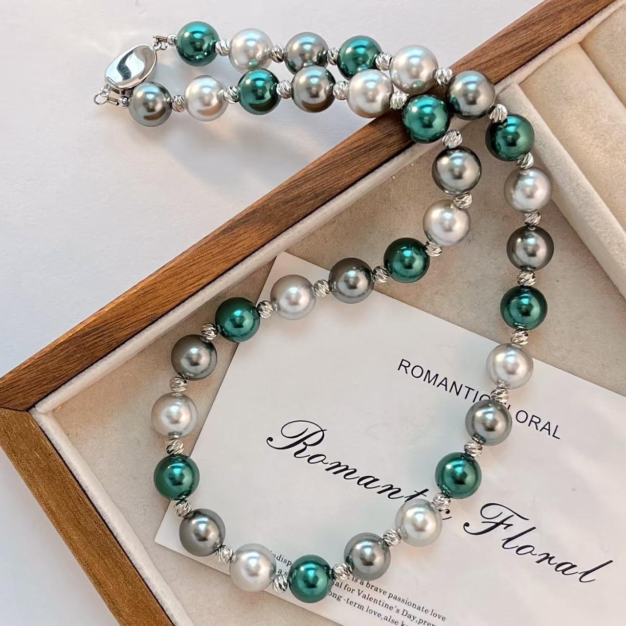 

10Mm High Quality Retro Premium Malachite Green Morandi Mixed Color Artificial Crystal Pearl Necklace Lock