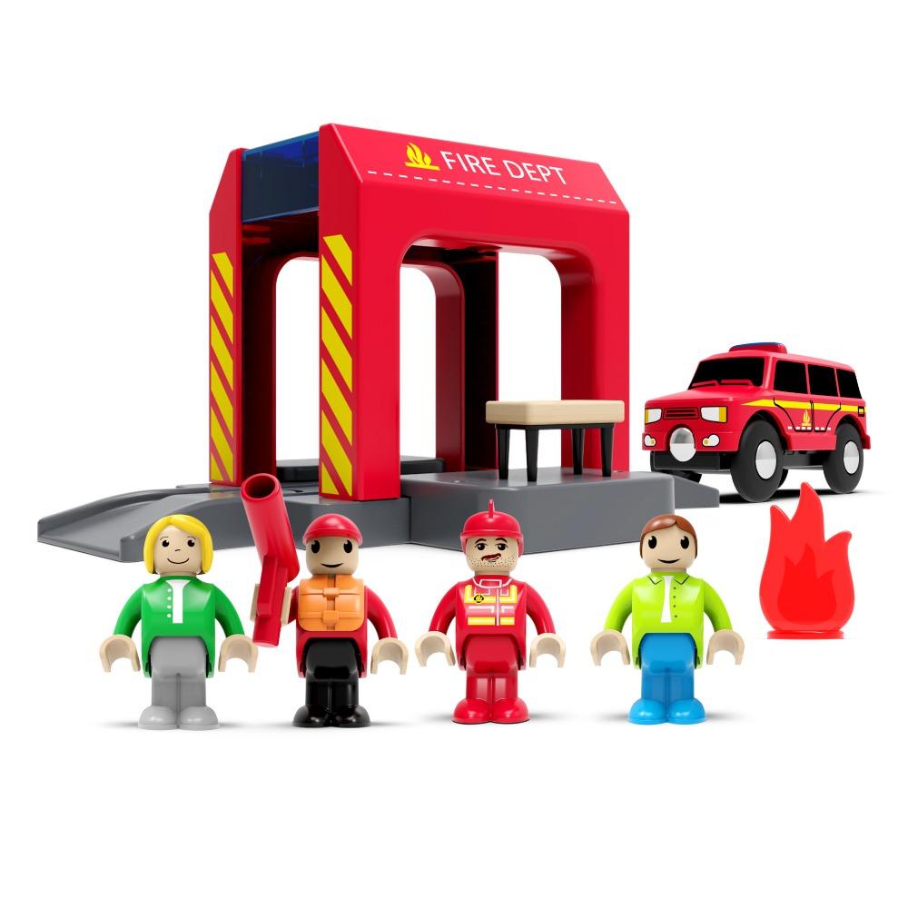 Wooden Train Track Accessories Plastic Fire Department Police Station Scene Wooden Track Parts Compatible with All Brands Track