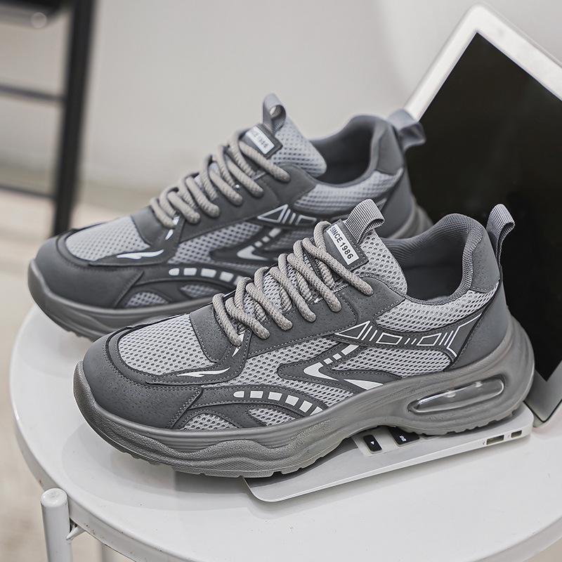 2025 men's shoes autumn air cushion shock absorption men's sports and leisure shoes mesh breathable running thick sole heightening dad shoes