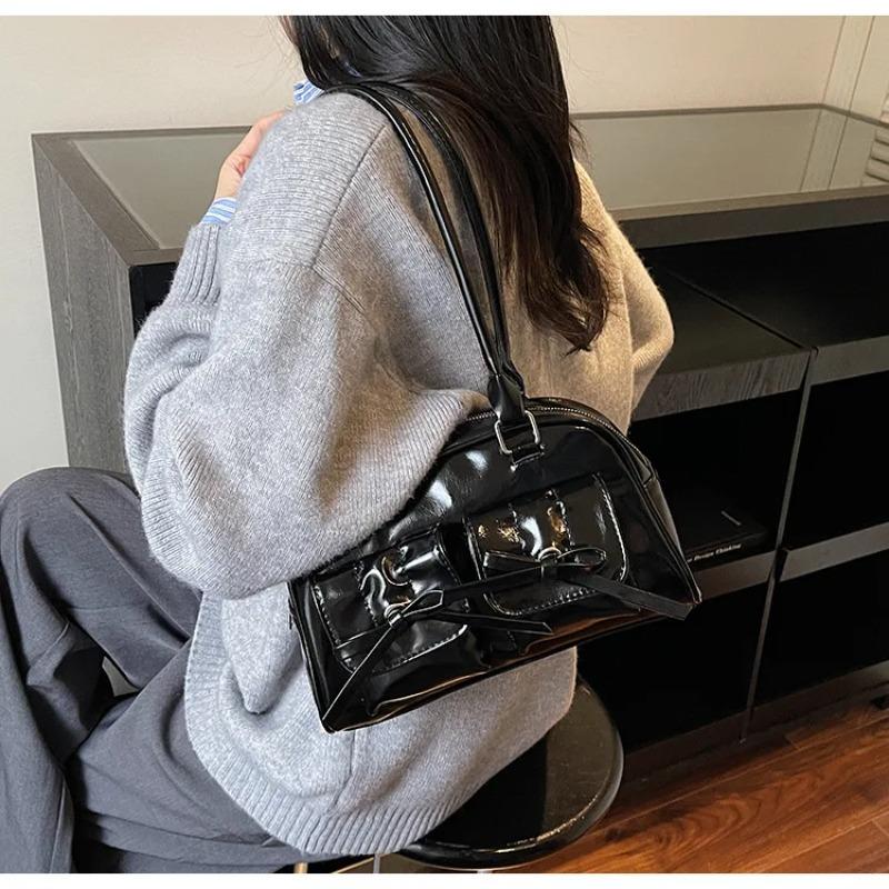 Versatile Bowknot PU Leather Women's Shoulder Bags Fashi Glossy Ladies Underarm Bags Casual Large Capacity Female Handbag