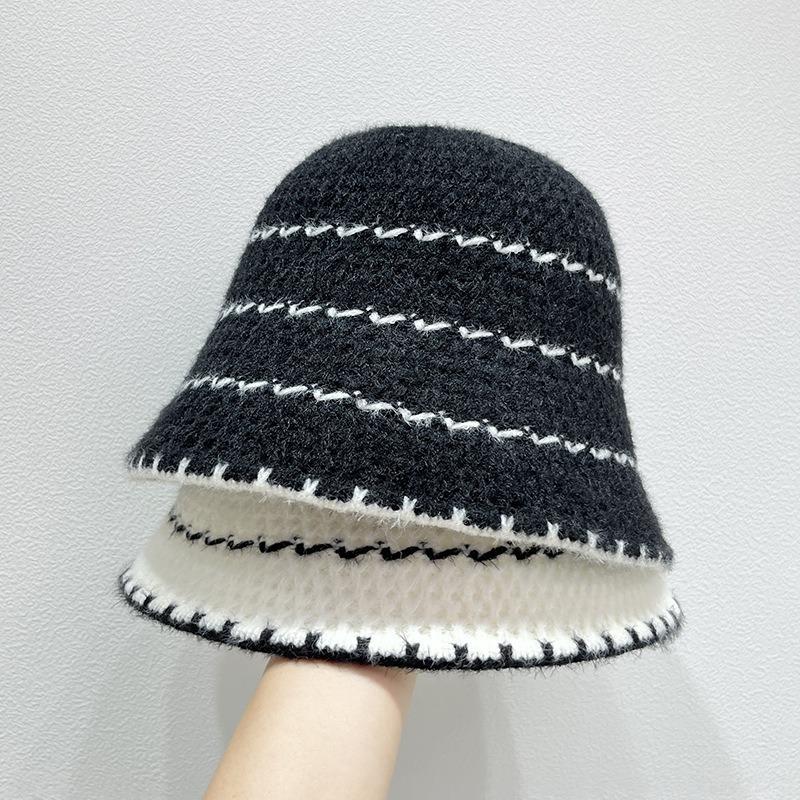 Knitted Hat Children's Autumn and Winter New Striped Lazy Wind Bucket Hat Showing Face Small Bucket Hat