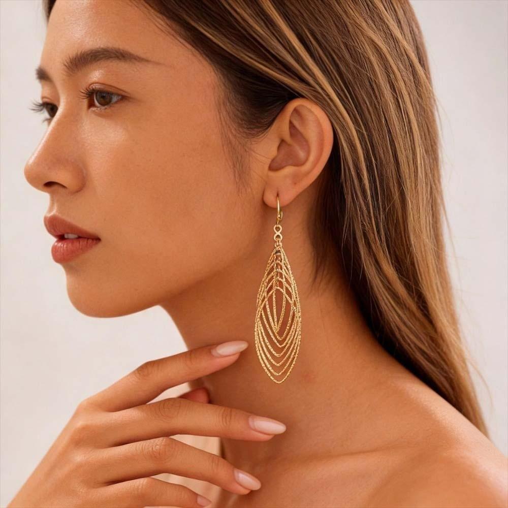 Oval Hollow Long Tassel Dangle Earrings Gold Silver Ear Hook Exquisite Ear Clip Party