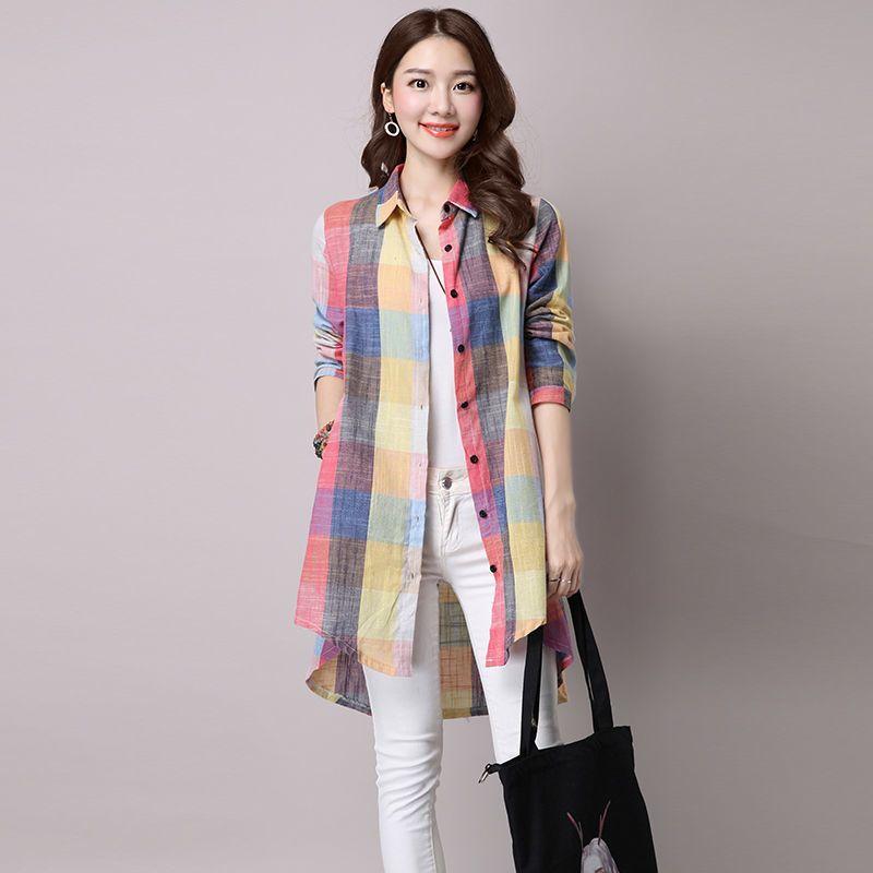 Plus Size Women's Summer Thin Plaid Long Shirt Loose Elegant Korean Style Blouses Tops