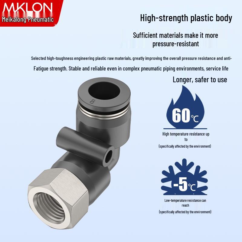90° Pneumatic Air Hose Quick Connector, Double Push-to-Connect, Internal Thread, PLF Elbow