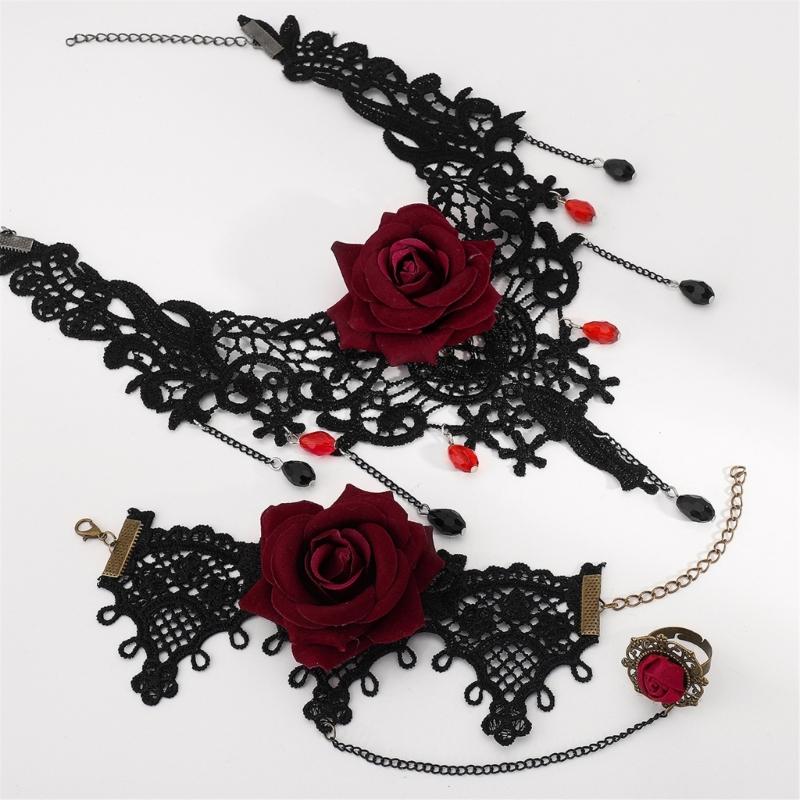 2pcs Gothic Lace Choker Necklace Finger Rings Bracelet Halloween Costume Accessories Jewelry for Women Girls Gift