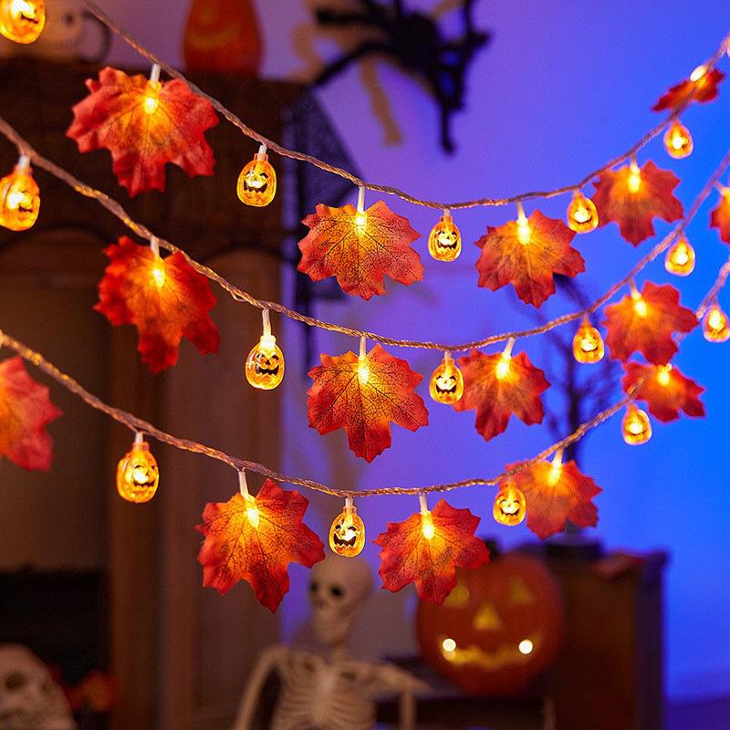 Halloween Pumpkin & Ghost Maple Leaf String Lights - Battery Operated Decoration for Courtyard, Party, or Room