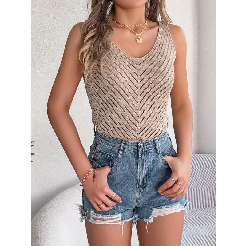 VEZFAA Women's Fashion Casual Summer Spring Solid Color Print Sleeveless V-Neck Blouses & Shirts