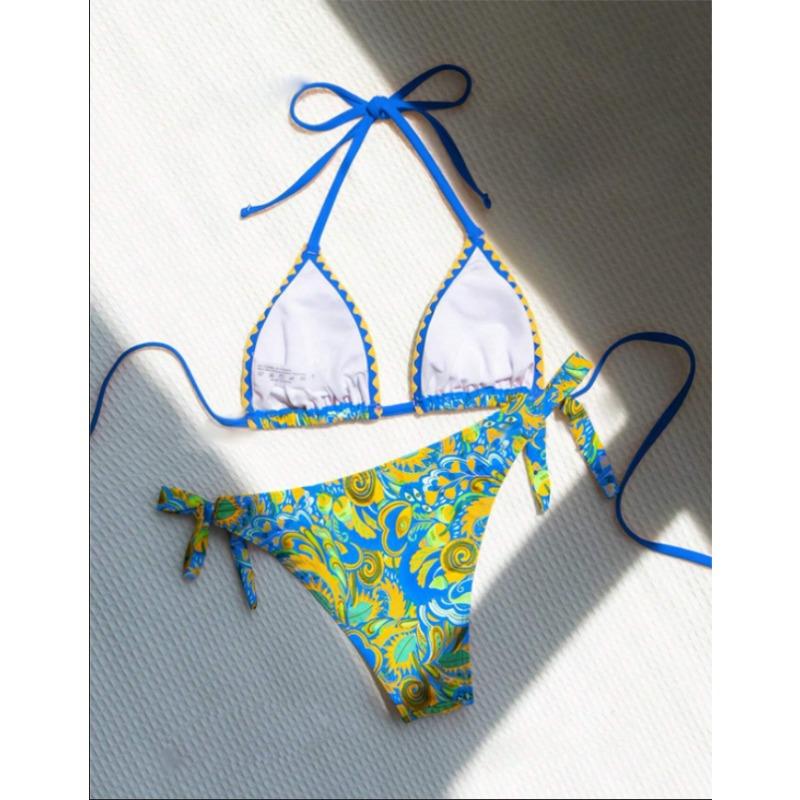 Vibrant Tropical Print Triangle Bikini with Side Tie Bottoms