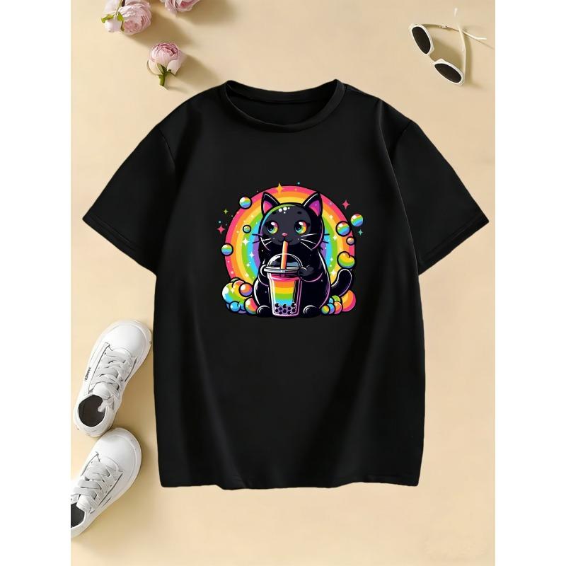 Summer and Spring Casual Top Cartoon Cat Drinking Juice Rainbow Design T-Shirt for Boys and Girls