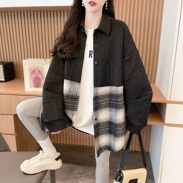 Casual Lazy Style Oversized Plaid Shirt Loose Fit Patchwork Jacket