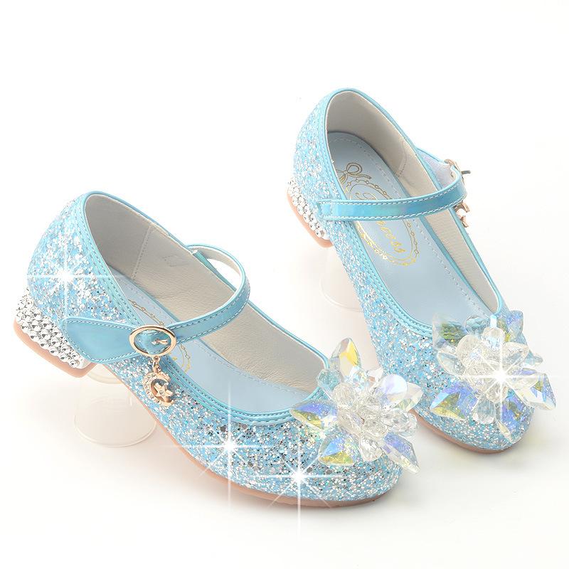 Children's High Heels Elsa Princess Shoes Spring and Autumn Girls' Crystal Shoes Soft Sole Single Shoes for Small, Medium, and Large Children silver