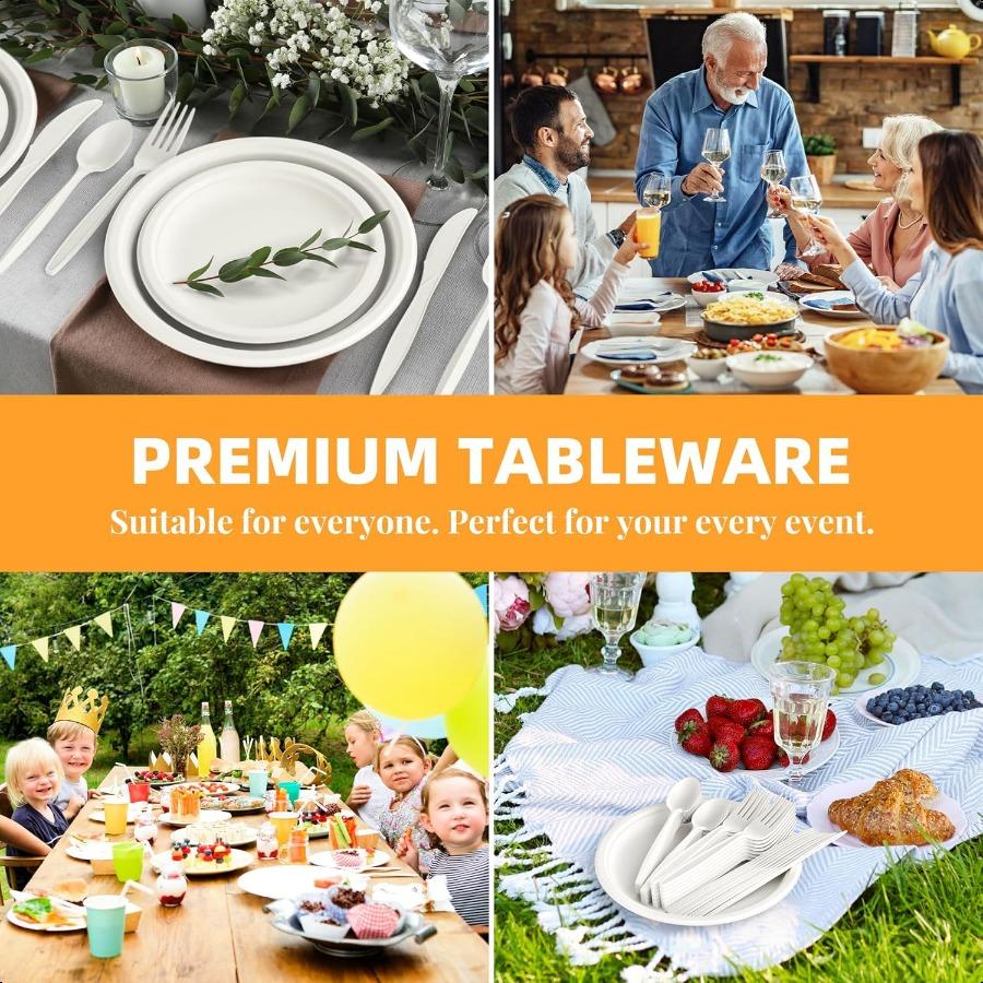 100% Compostable Cutlery Set150pcs 50 Forks 50 Spoons 50 Knives Disposable Cornstarch Utensils Heavy Duty BPI Certified EcoFrie