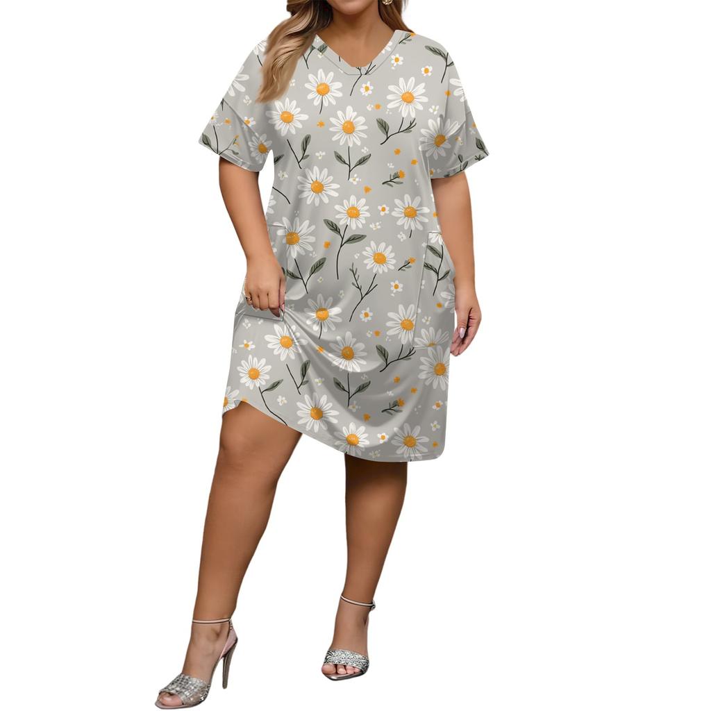 Summer Plus Size V Neck Short Sleeve Knee Pocket  Print Casual Dress For Women
