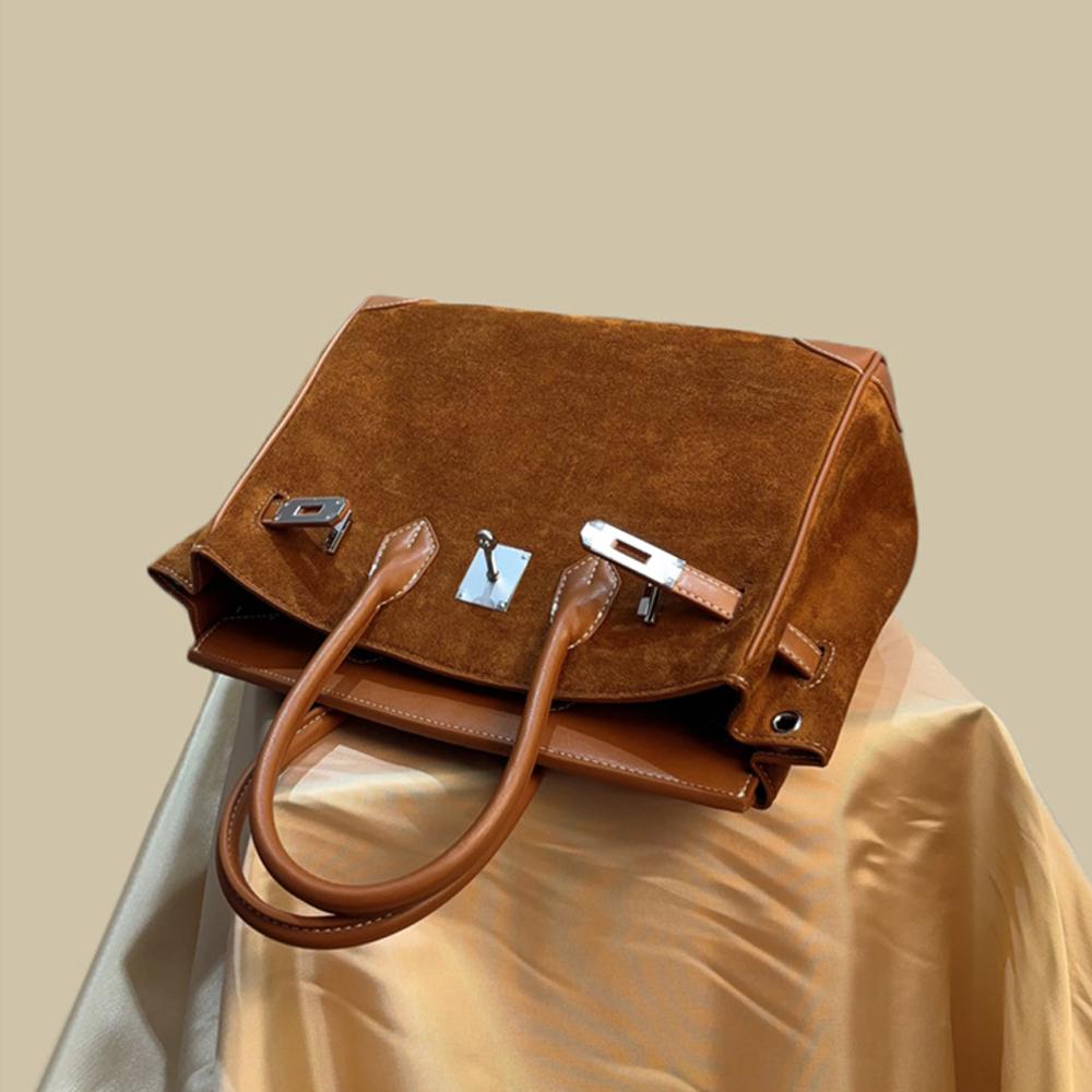 New Trendy Suede Leather Handbag Large‑Capacity Nubuck Top‑Grain Cowhide Women Bag Casual Single Shoulder Crossbody Purse -NO LOGO