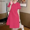 Women Casual Round Neck Solid Color Short Sleeve Dress