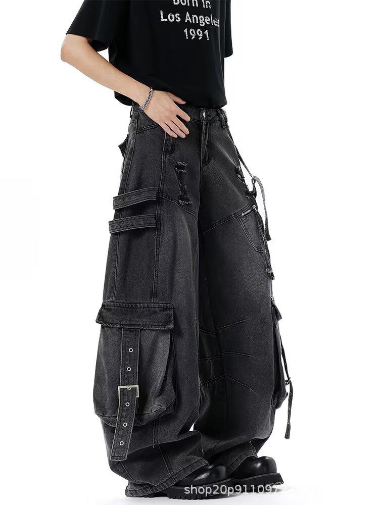 Unisex Deconstructed Ribbon Cargo Denim Jeans - Trendy Autumn Ripped Wide-Leg Multi-Pocket Style for High Street