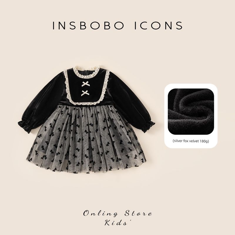 Платье для девочек Insbobo 2025 Осень-Зима Новый стиль Платье для девочки одного года Зимнее Детское Бархатное Платье Принцессы Black 100