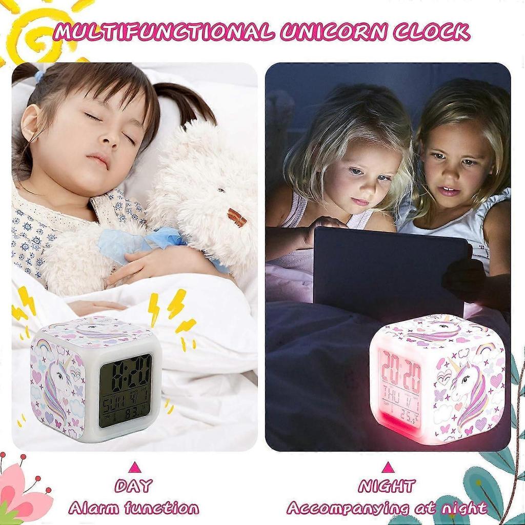 SCSYV Girls Alarm Clocks, Unicorn Night Light Kids Alarm Clocks with 4 Sided Unicorn Pattern&9 Kinds of LED Glowing Wake Up Bedside Clock Gifts for Un