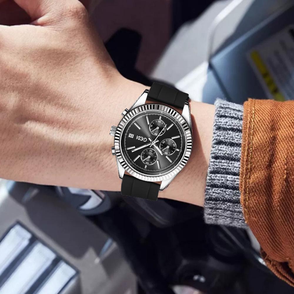 Three-eye six-pin business watch calendar high-end large dial silicone waterproof quartz watch