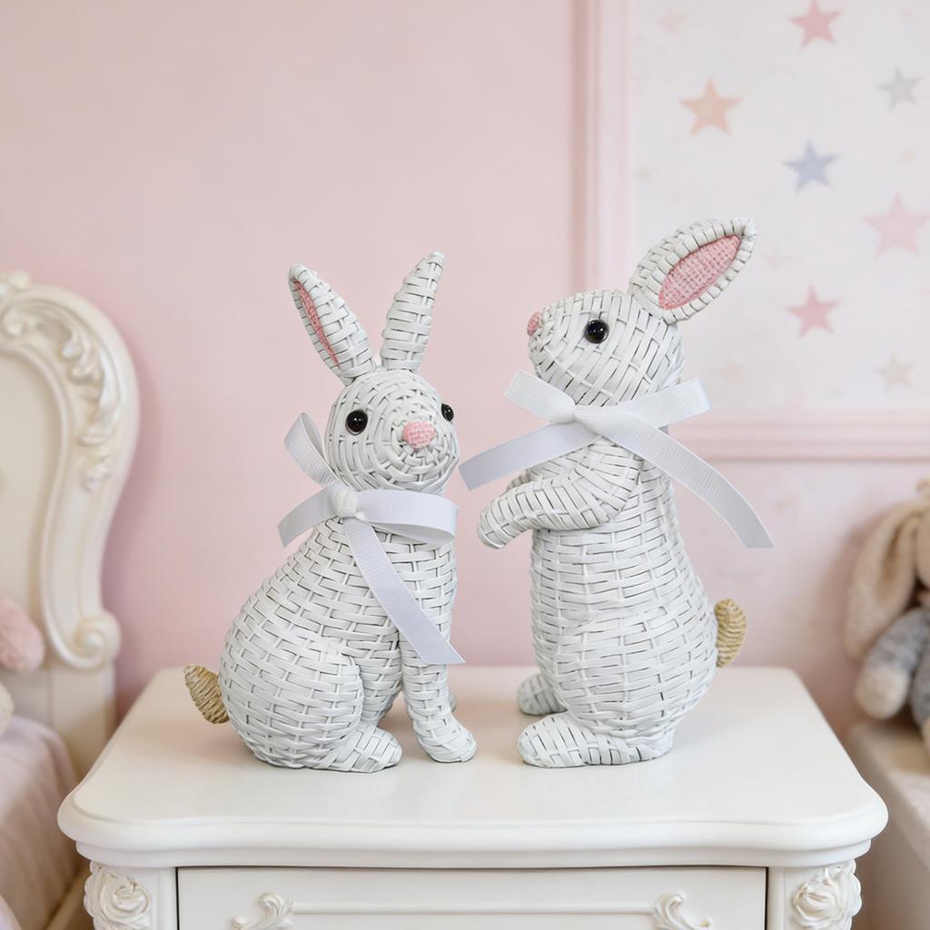 Resin Rattan Easter Bunny Vine Weaving Effect Wicker Bunny Decor Figurine Statue Decorative Ornament for Spring Table Decor