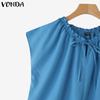VONDA Women Summer Lace-up Neck Batwing Sleeveless Solid Casual Ruffled Tank Tops